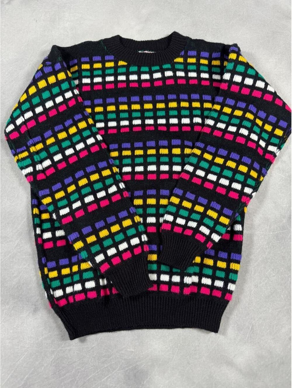 Vintage 80s Spunky Colorful Geometric Knit Sweater Made in USA